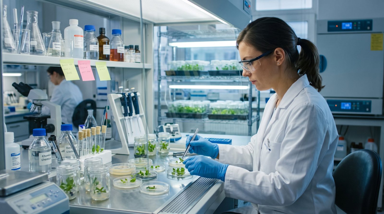 A scientist working with plant tissue cultures at a lab bench