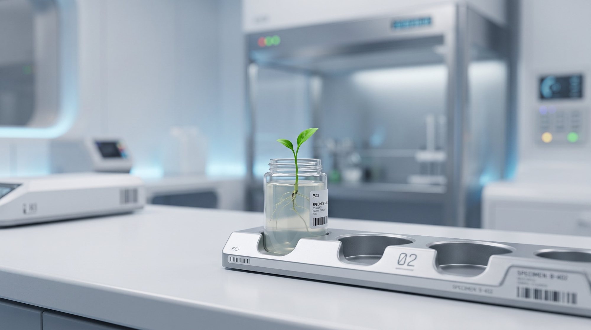 A seedling in a labelled tissue culture jar on a lab bench
