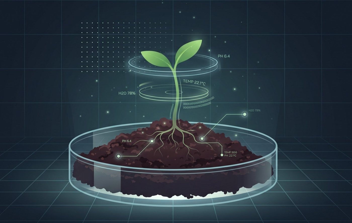 A seedling growing in a petri dish of soil, surrounded by holographic sensor readouts