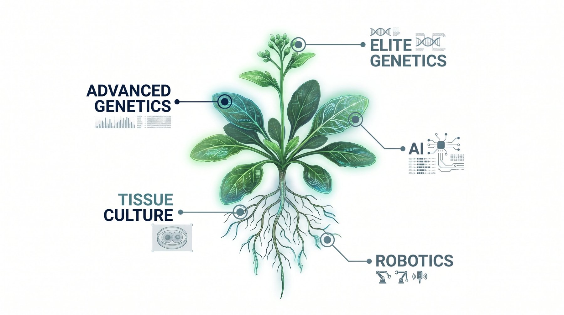 Plant illustration labelled with Perpetua's focus areas: elite genetics, advanced genetics, AI, tissue culture and robotics